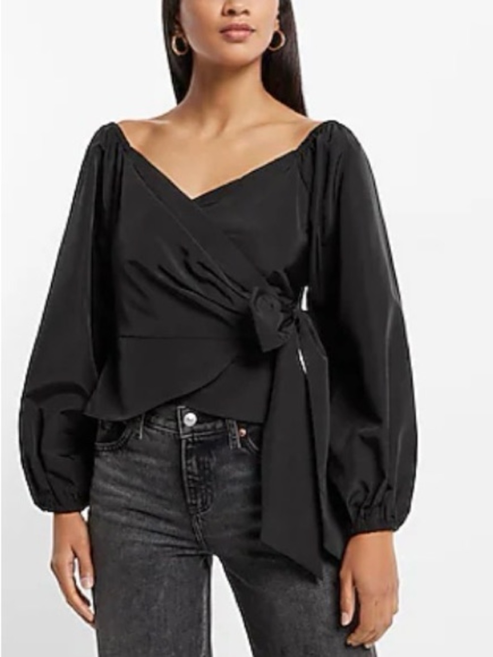 EXPRESS V-Neck Balloon Sleeve Wrap Tie Waist Top